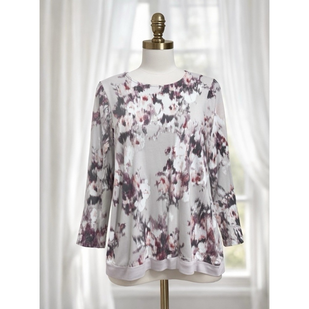 Purejill Luxe Pima Cotton Terry Knit Tee Top Watercolor Floral Gray Size M‎